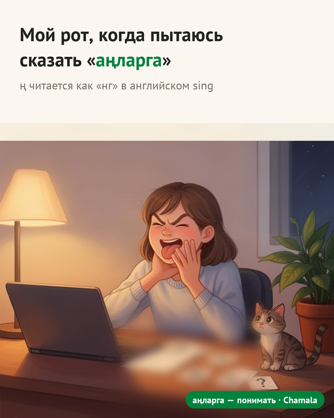 Мем: девушка за ноутбуком изо всех сил пытается выговорить татарское слово «аңларга» — «понимать»; буква ң читается как «нг» в английском sing.