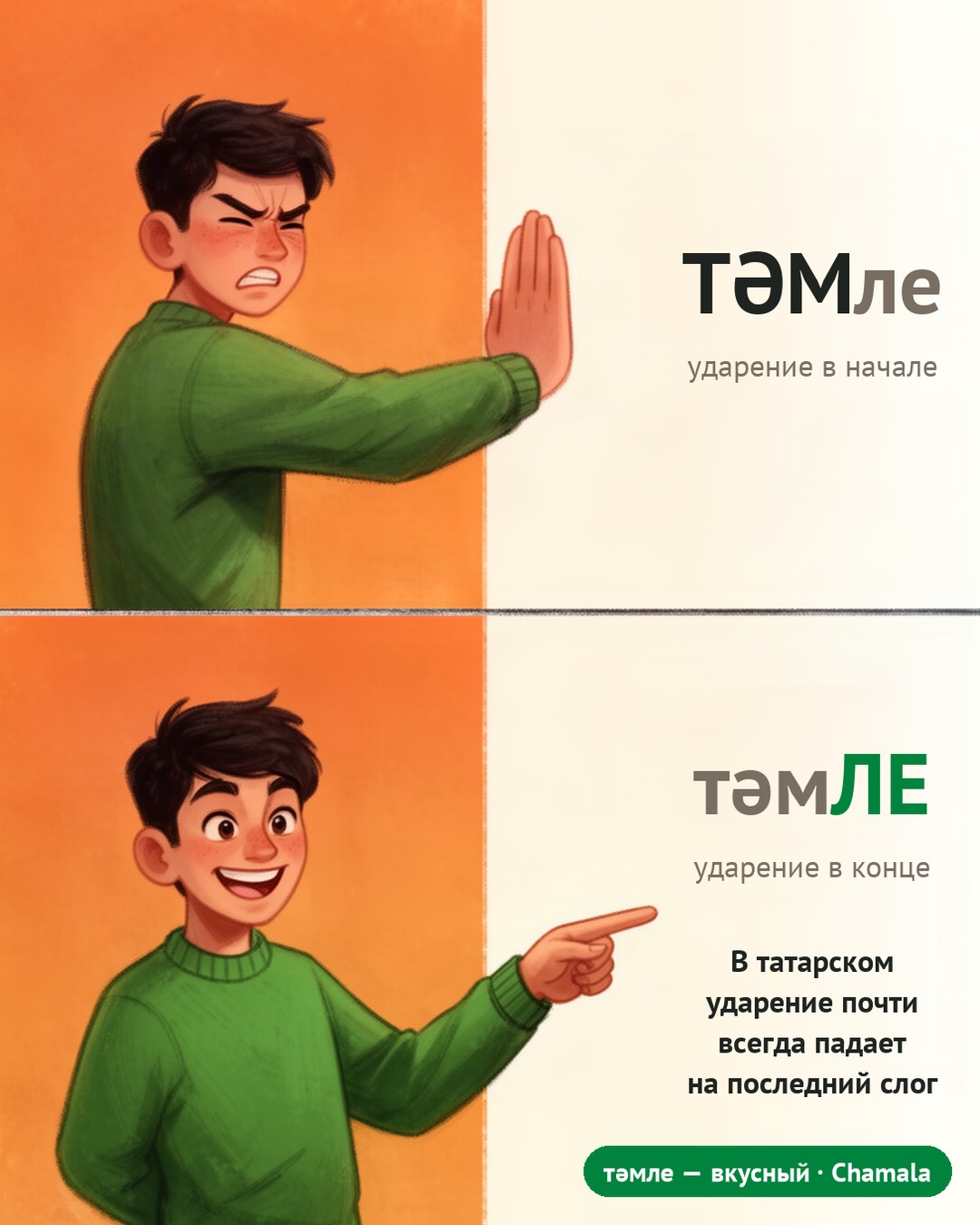 Мем: парень отмахивается от «ТӘМле» с ударением в начале и одобряет «тәмЛЕ» с ударением в конце. В татарском ударение почти всегда падает на последний слог.