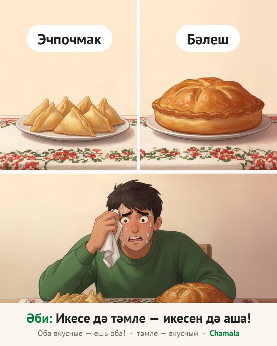 Мем: эчпочмак и бәлеш на столе, растерянный внук и бабушка: «Икесе дә тәмле — икесен дә аша!» — «Оба вкусные — ешь оба!».